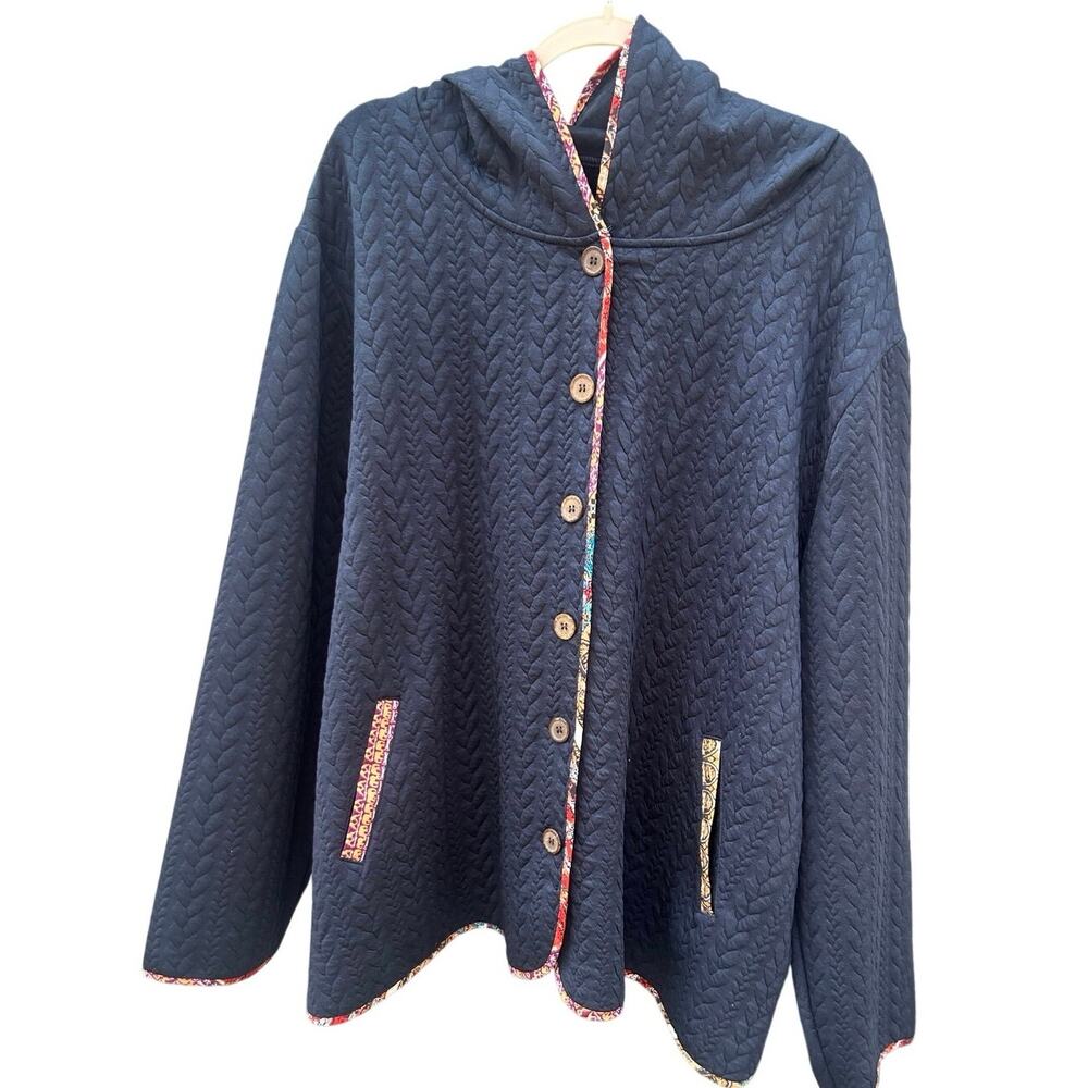 BloomChic Womens 26 4X Navy Quilted Hooded Jacket Floral Trim Button Plus Size - Picture 2 of 7
